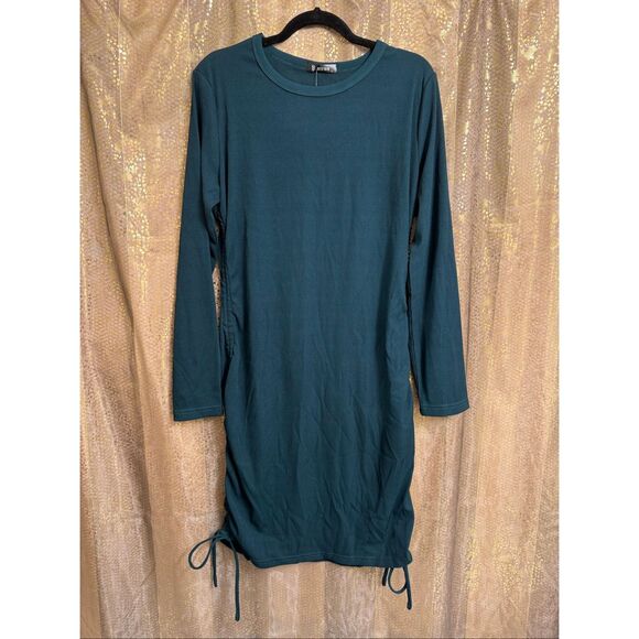 BTFBM Dark Emerald Green Ribbed Long Sleeve Bodycon Side Tie Mini Dress XL - Picture 7 of 9
